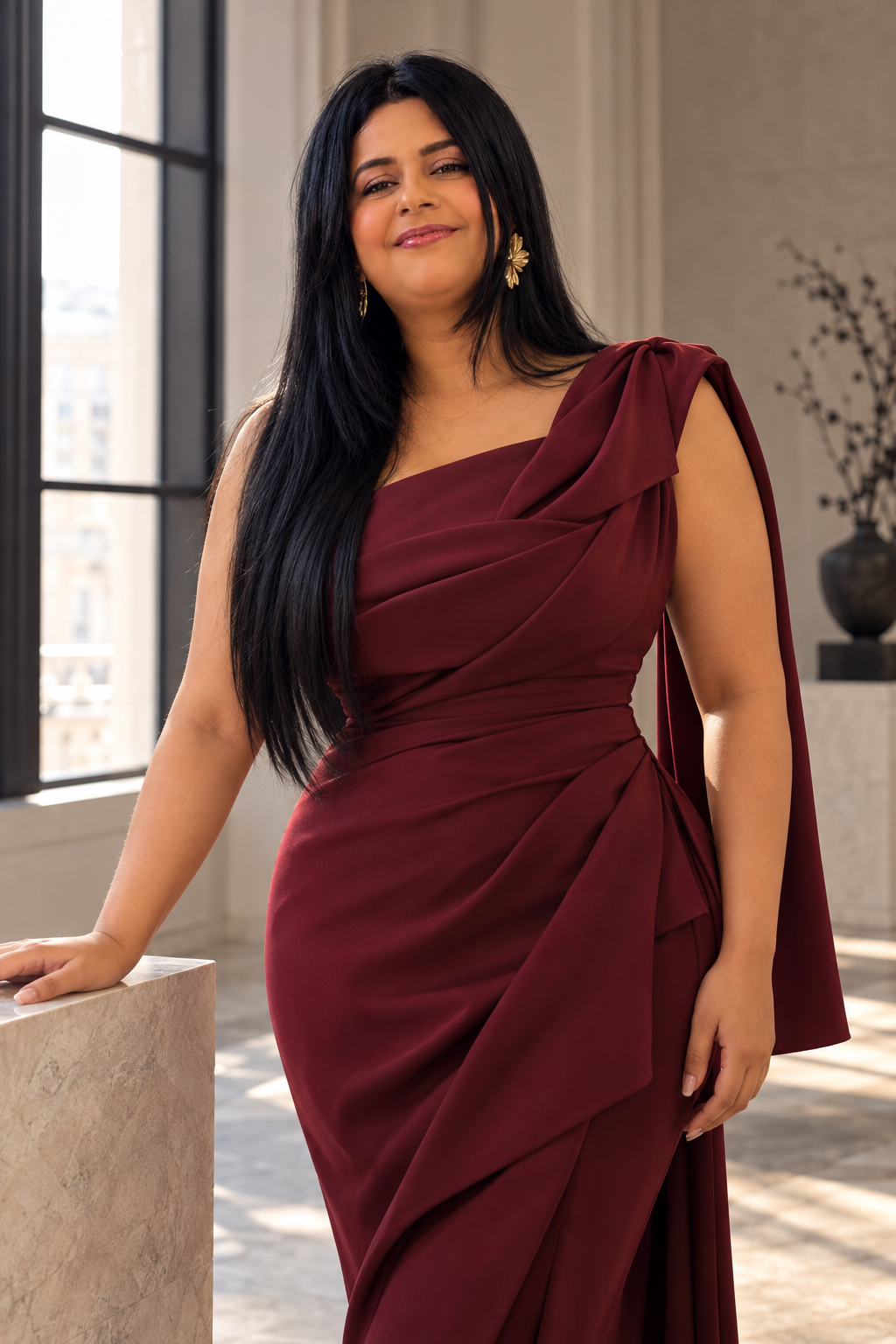 Naima Kothdiwala-Ali in a burgundy evening gown